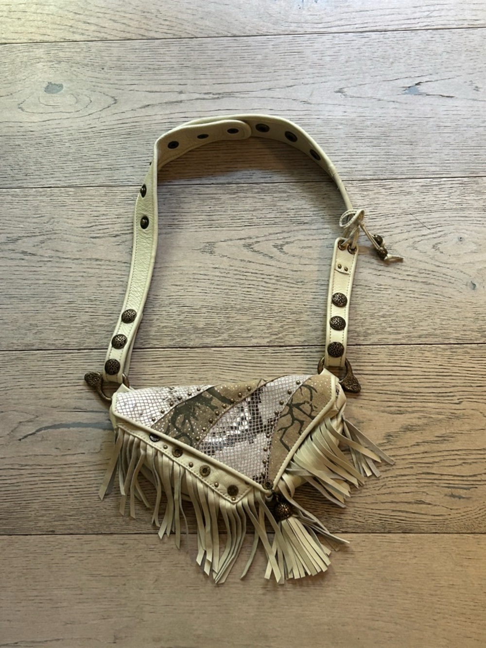 Fringed Cream Crossbody Bag with Metallic Patchwork